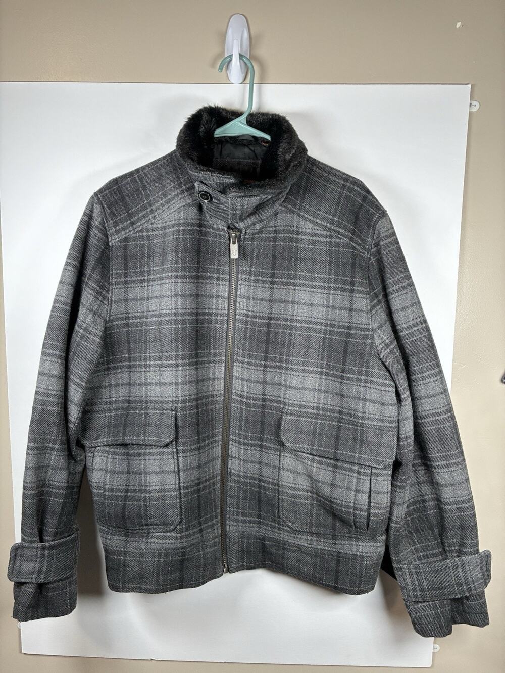 Ben Sherman Mens L Wool Blend Plaid Bomber Jacket Gray Faux Fur Collar Mod
